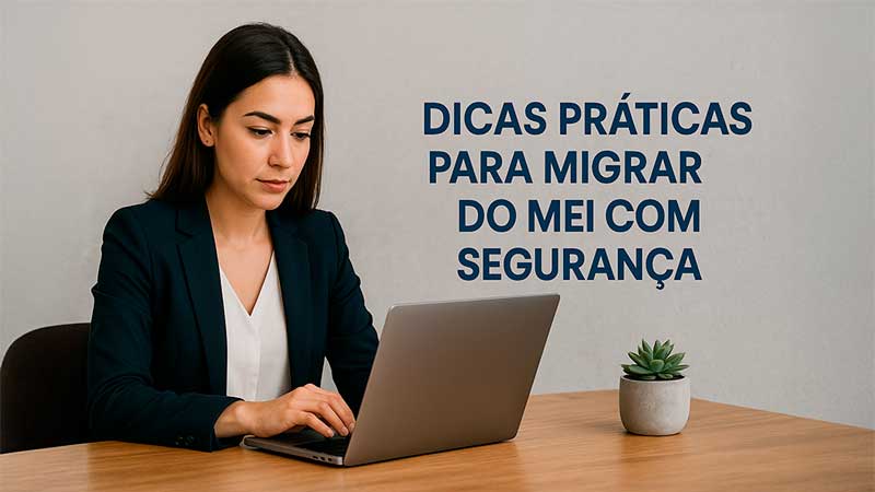 Empreendedora digitando no notebook com texto “Dicas práticas para migrar do MEI com segurança”