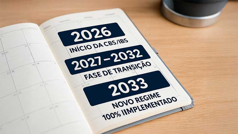 Cronograma da Reforma Tributária com marcos de 2026 a 2033 destacados em calendário
