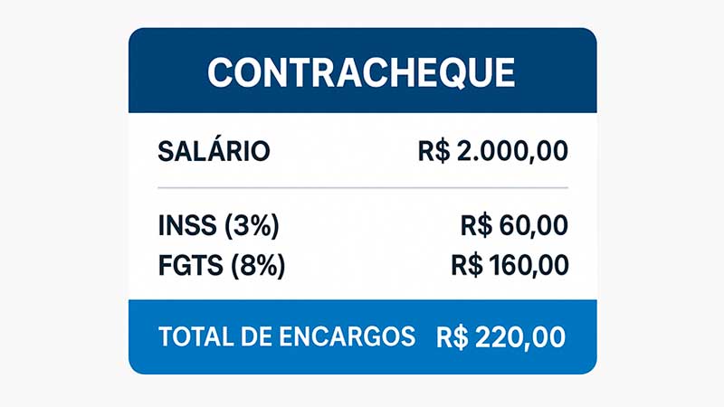 Contracheque com salário de R$ 2.000, INSS de 3% e FGTS de 8% para funcionário contratado por MEI