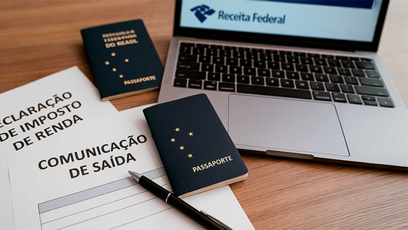 Declaração de Imposto de Renda, Comunicação de Saída e passaportes sobre mesa com notebook aberto na Receita Federal