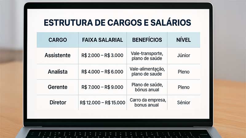 Planilha ilustrativa com estrutura de cargos, faixas salariais e benefícios organizados por nível júnior, pleno e sênior
