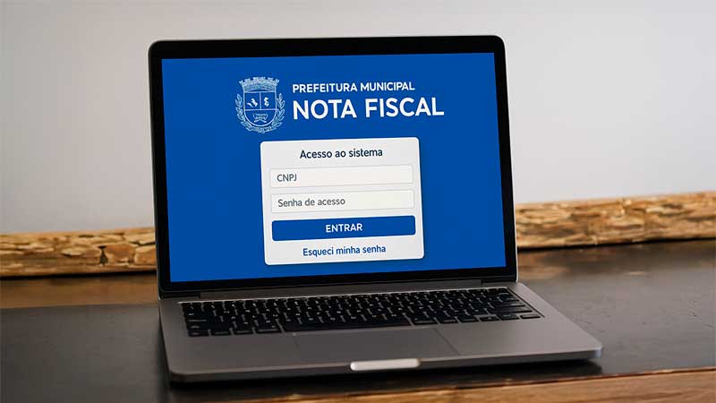 Notebook exibindo tela de login do portal de nota fiscal eletrônica de prefeitura fictícia com campos CNPJ e senha de acesso