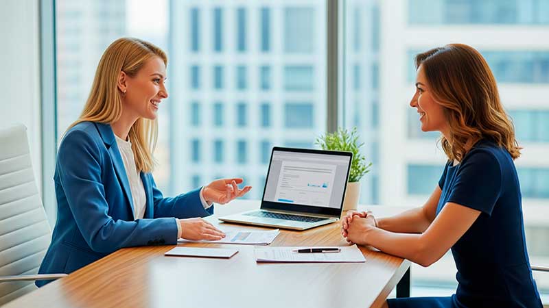 Contadora loira em reunião com cliente morena em escritório moderno, discutindo precificação e finanças.