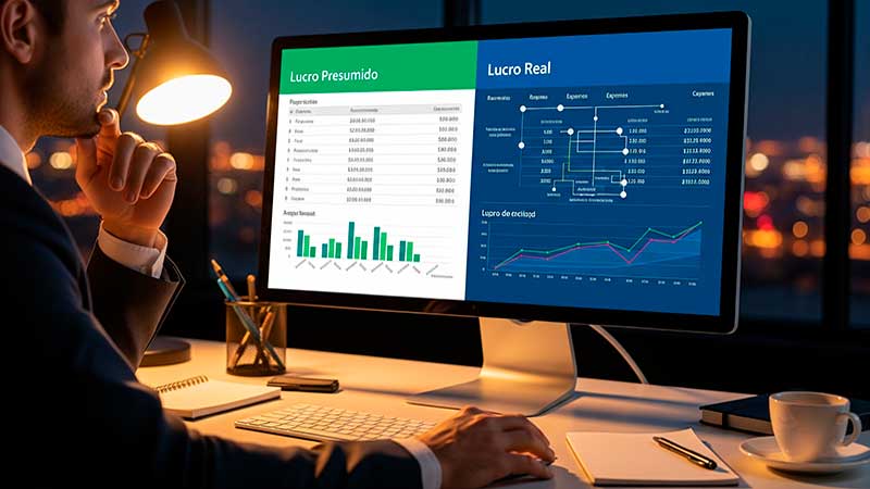 Empresário analisando simulação de regimes tributários Lucro Presumido e Lucro Real em um monitor, pensando estrategicamente.