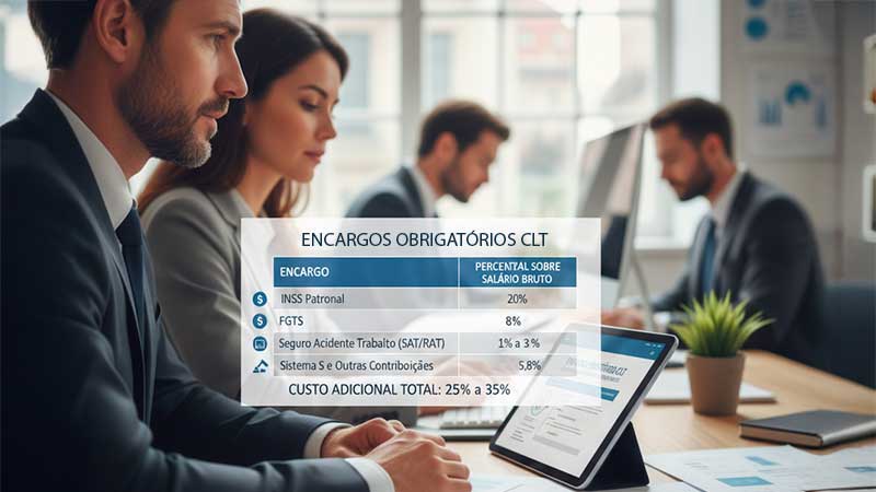 Tabela comparativa dos encargos obrigatórios da contratação CLT, mostrando percentuais de INSS Patronal (20%), FGTS (8%) e RAT/SAT (1% a 3%) sobre o salário bruto.