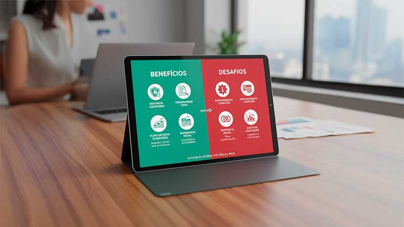 Gráfico comparando benefícios como segurança e transparência com desafios como complexidade e custos de adaptação da reforma tributária.
