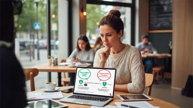 Empreendedora analisando gráfico de responsabilidade limitada (LTDA) e ilimitada (MEI/Eireli) para entender proteção de bens pessoais em caso de dívidas da empresa.