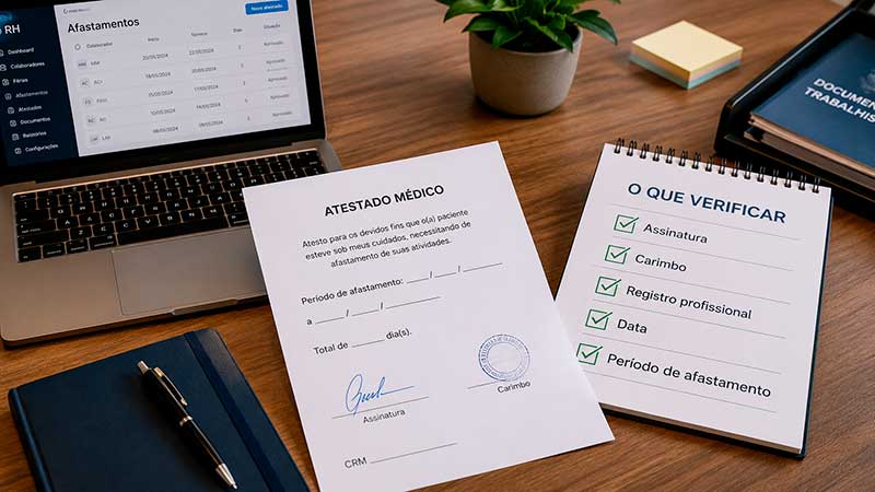 Atestado médico sem CID sendo conferido com checklist de requisitos obrigatórios