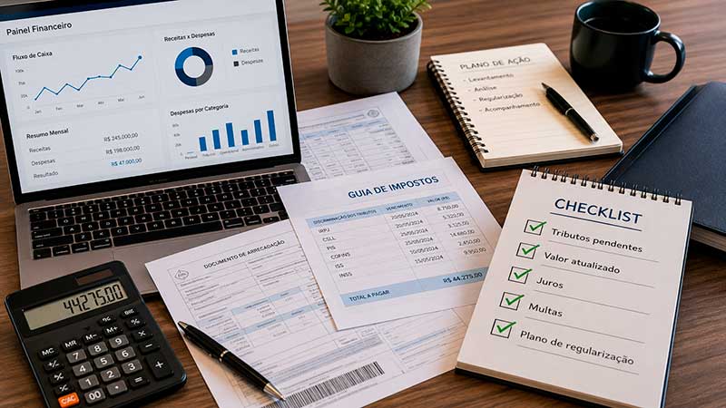 Documentos fiscais, painel financeiro e checklist para análise de impostos em atraso