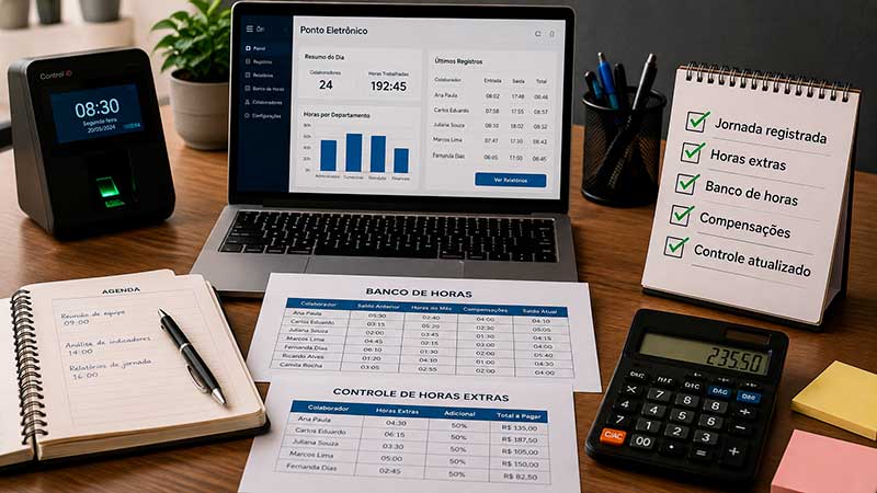 Controle de jornada com banco de horas, horas extras e checklist de acompanhamento