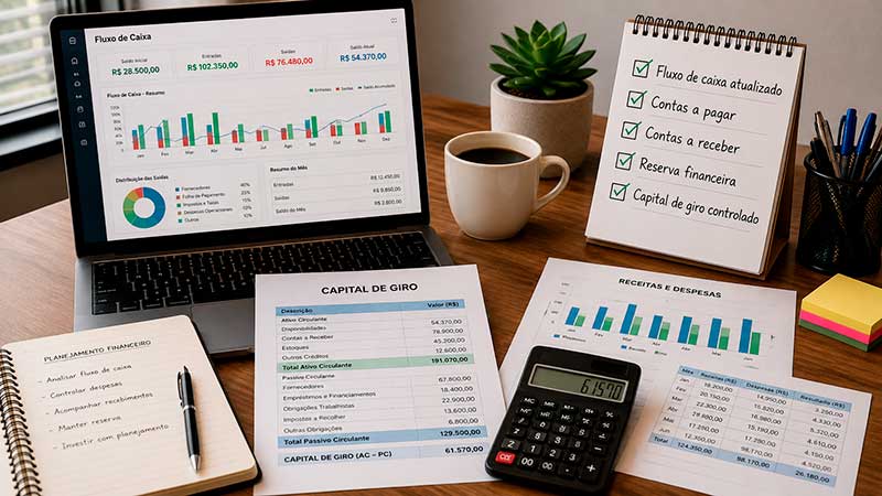 Fluxo de caixa, planilha de capital de giro e checklist de gestão financeira da empresa