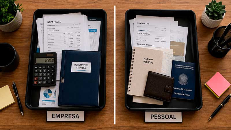 Documentos da empresa e da pessoa física organizados separadamente para evitar confusão patrimonial
