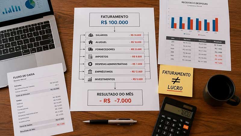 Faturamento, despesas e resultado de empresa com prejuízo e impostos