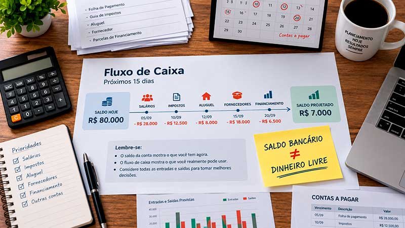Fluxo de caixa com saldo atual, contas a pagar e saldo projetado