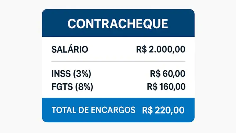 Contracheque com salário de R$ 2.000, INSS de 3% e FGTS de 8% para funcionário contratado por MEI