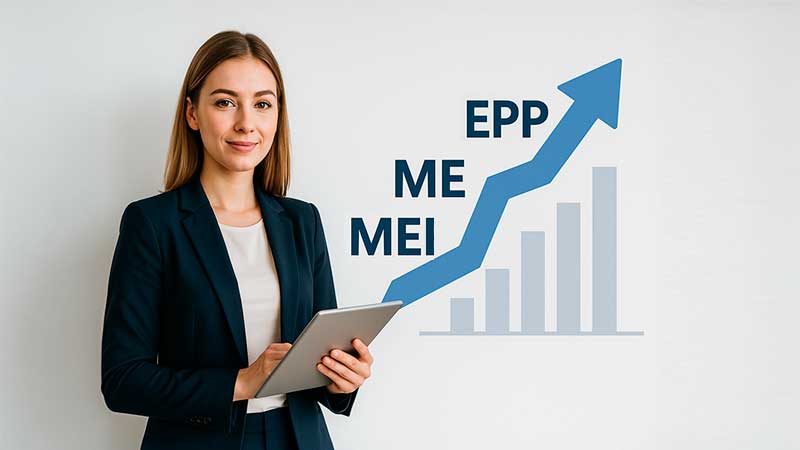 Empreendedora com tablet em frente a gráfico de crescimento MEI para ME e EPP — transição empresarial