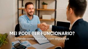 MEI entregando contrato a novo funcionário em escritório com planilhas e notebook sobre a mesa