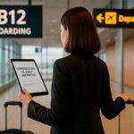 Brasileira segurando tablet com Comunicação de Saída Definitiva no aeroporto, pronta para embarcar