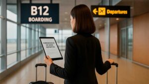 Brasileira segurando tablet com Comunicação de Saída Definitiva no aeroporto, pronta para embarcar