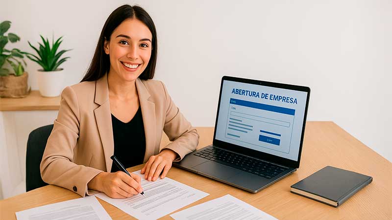 Empreendedora assinando documentos de abertura de empresa ao lado de notebook com site da Receita Federal
