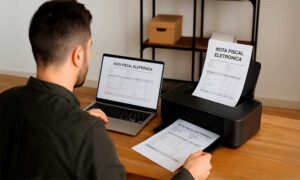 Empreendedor emitindo e imprimindo nota fiscal eletrônica no computador e impressora