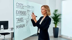 Mulher loira e elegante, contadora, explicando precificação de produtos e serviços em um quadro branco.