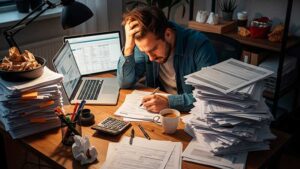 Empreendedor estressado e sobrecarregado por tentar cuidar sozinho das finanças e impostos do negócio.