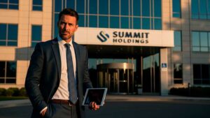 Empresário bem vestido com semblante sério em frente à sua empresa, refletindo sobre ações urgentes.