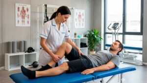 Fisioterapeuta atendendo paciente em maca de clínica moderna, realizando tratamento no joelho.
