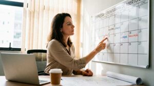 Empreendedora analisando cronograma em quadro branco, ilustrando o planejamento e o tempo necessário para abrir uma empresa no Brasil.
