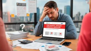 Empreendedor frustrado olhando para tela de notebook com aviso "CNPJ Inapto - Situação Cadastral Irregular