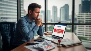 Empreendedor preocupado olhando para a tela do notebook com aviso "Serasa Negativado - Dívida Pendente em Seu CPF" por causa da empresa