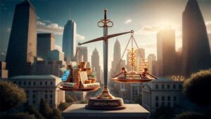 Balança da justiça fiscal com impostos, burocracia e símbolos da reforma tributária e split payment em um cenário urbano