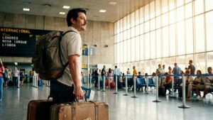 Homem com malas no aeroporto ilustrando o processo de saída definitiva do Brasil e obrigações fiscais.