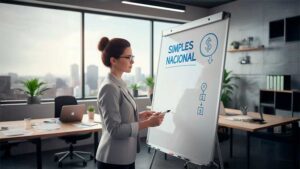 Profissional analisando um quadro branco com a descrição 'Simples Nacional', vantagens e desvantagens, representando a decisão sobre o regime tributário.