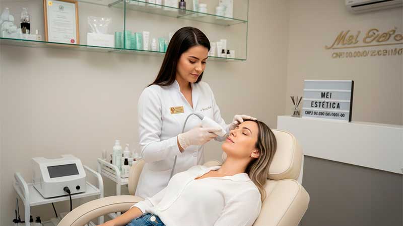 Profissional de estética atendendo cliente em clínica moderna, ilustrando a formalização de atividades de beleza para MEI