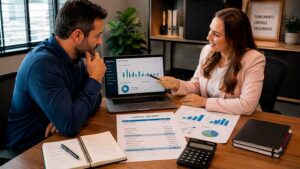 Contadora orientando um empresário sobre capital de giro e planejamento financeiro da empresa