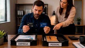 Empresário escolhendo entre cartão da empresa e cartão pessoal com orientação de uma contadora sobre separação patrimonial