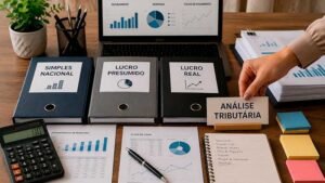 Contadora analisando regimes tributários para identificar a melhor tributação para uma empresa