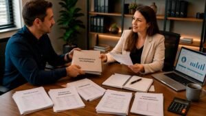 Empresário entregando documentos da empresa para a contadora