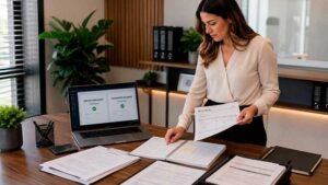 Contadora analisando quando emitir nota fiscal após pagamento do cliente