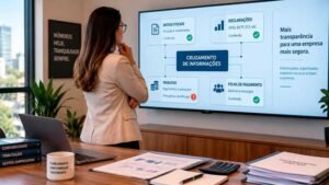 Contadora analisando cruzamento de dados em fiscalização da Receita Federal