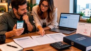 Contadora orientando empresário sobre pedido de demissão de funcionário