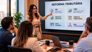 Contadora explicando os principais termos da Reforma Tributária para empresários