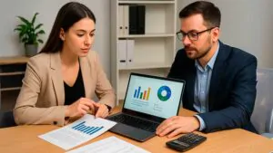 Empreendedora analisando planejamento contábil com contador em escritório, com notebook e documentos na mesa