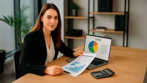 Empreendedora em escritório analisando relatório fiscal e gráficos no notebook com gráfico de pizza de impostos