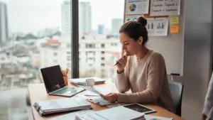 Mulher analisando documentos e calculando finanças para descobrir qual tipo de empresa paga menos imposto.