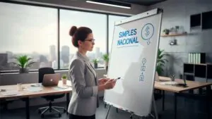 Profissional analisando um quadro branco com a descrição 'Simples Nacional', vantagens e desvantagens, representando a decisão sobre o regime tributário.