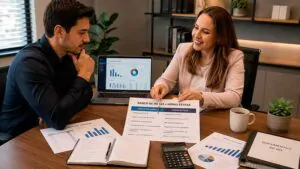 Empresário e contadora analisando banco de horas e horas extras para definir o melhor controle de jornada